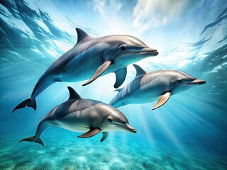 Minimalist Dolphin Photography: Four Playful Dolphins Swimming Gracefully in Vibrant Underwater Scene