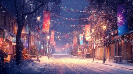 A Snowy Street Illuminated with Colorful New Year&rsquo;s Lights and Festive Banners

