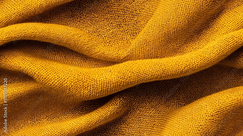 Poster a close-up of a textured yellow fabric, with intricate patterns created through layering and weaving