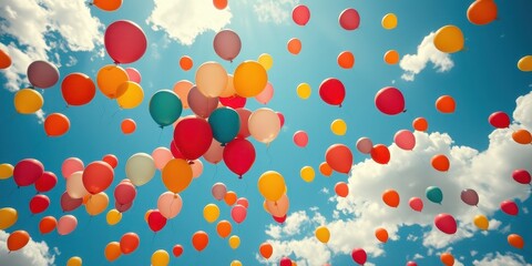 A vibrant sky filled with colorful balloons floating joyfully against a backdrop of fluffy white clouds, creating a cheerful and uplifting atmosphere.
