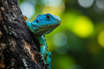 A beautiful turquoise lizard sits on a tree trunk in a tropical forest