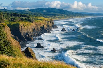 Fototapeta premium Rocky coastal cliffs with waves crashing against the shore