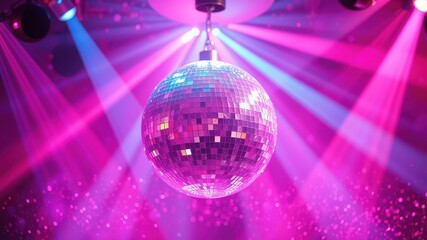 Disco ball hanging from a ceiling with pink and purple lights reflecting off its mirrored surface