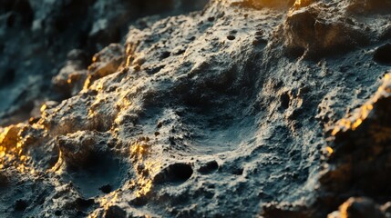 Close-up of dark, rough, textured rock surface with golden highlights.