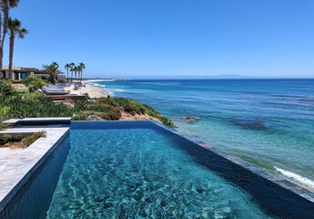 Fototapeta premium Stunning Infinity Pool Overlooking Crystal Clear Ocean Waters with Lush Coastal Landscaping and Palm Trees on a Bright Sunny Day