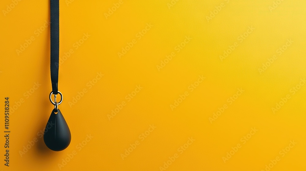 Poster a black object dangles from a black cord against a yellow background, and is attached to it via a bl