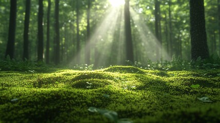 Obraz premium Enchanting Forest Floor with Sunlight Filtered Through Trees - Nature Background with Copy Space for Promotion