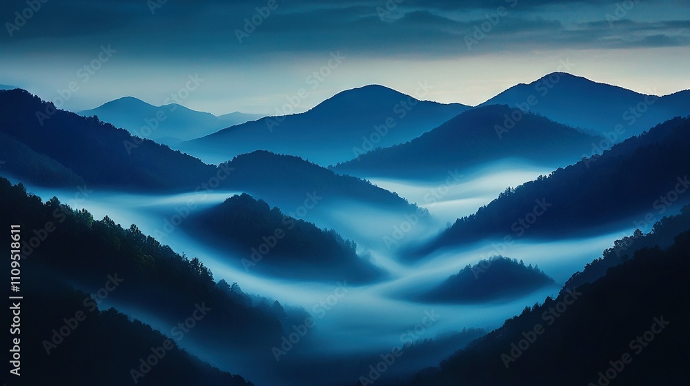 Poster   A mountain range in fog with trees in the foreground and a dark sky in the background