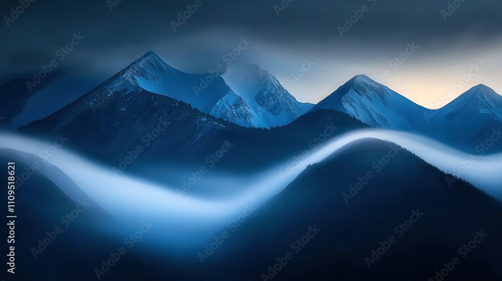 Poster a long exposure of a mountain range with fog in the foreground and misty sky in background