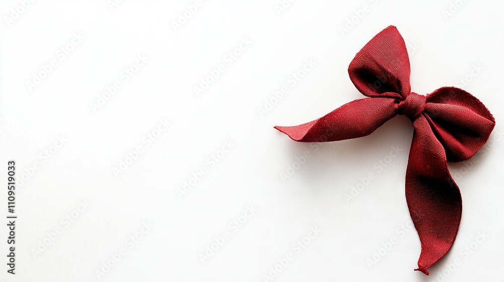 Poster a close-up of a red bow on a white surface, featuring ample space for text on the left side of the i