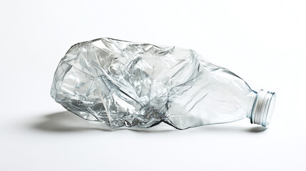 Close-up of a crushed plastic bottle isolated on a clean white background, highlighting the intricate details of the crumpled shape and the play of light on its surface