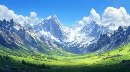 Fototapeta premium A vast mountain range with snow-capped peaks, viewed from a green valley below