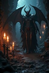 Demon in a dark and creepy castle dungeon, gothic setting with candles