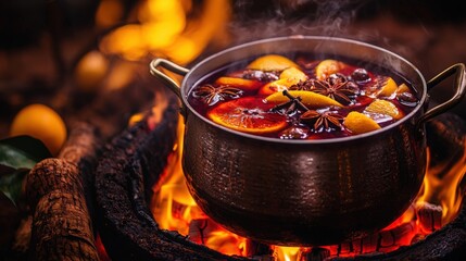 Fototapeta premium Warm spiced beverage simmering over an open fire with citrus and spices