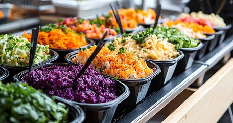 A catering setup with trays of colorful poke bowls, ideal for adding health-focused promotional text.