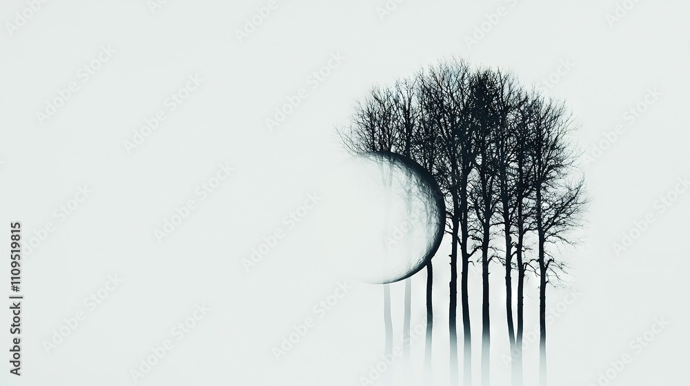 Poster black-and-white photo of tree with half moon in center surrounded by trees in background