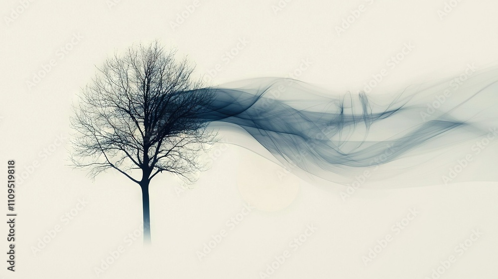 Poster a monochrome image of a tree with smoky branches and a glowing sun in the backdrop