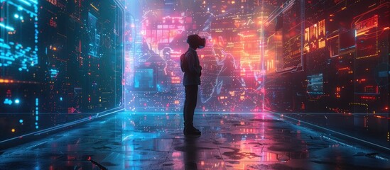 Person in VR headset exploring a vibrant, futuristic digital world. (1)