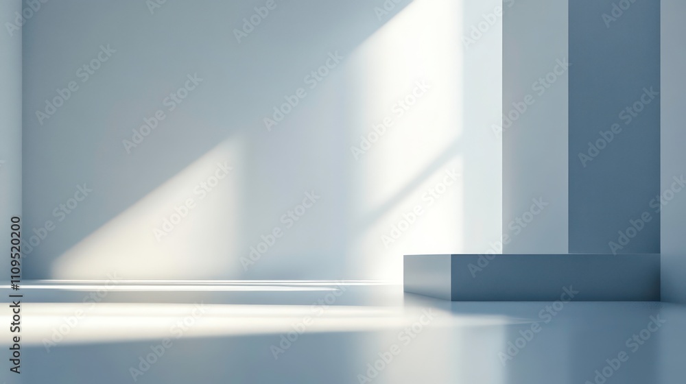 Poster minimalist empty room with sunlight, showcasing a gray platform and reflecting floor.