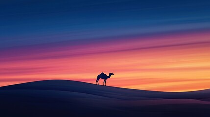  A camel silhouette stands in the desert at sunset against a pink and blue sky
