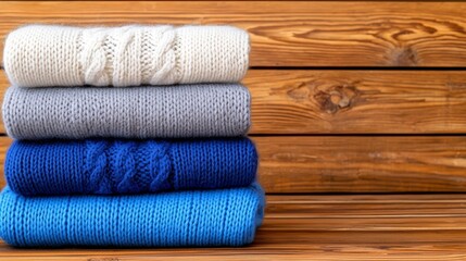 Cozy Stack of Hand-Knitted Sweaters on Wooden Background