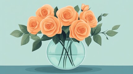Fresh Orange Roses in a Clear Vase on a Soft Background