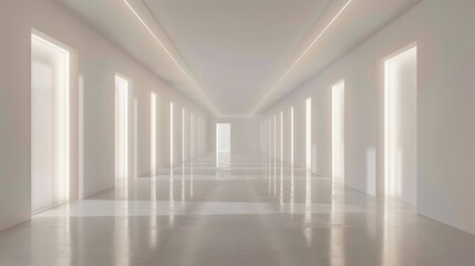 Minimalist white hallway with doors and light.
