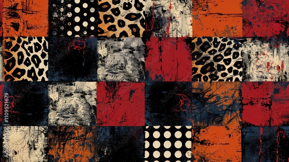 Poster abstract patchwork texture with animal print and grunge elements.