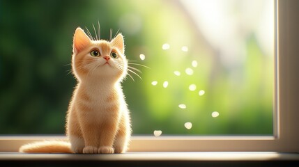   An orange and white cat sits on a window sill, looking out at green trees in the background