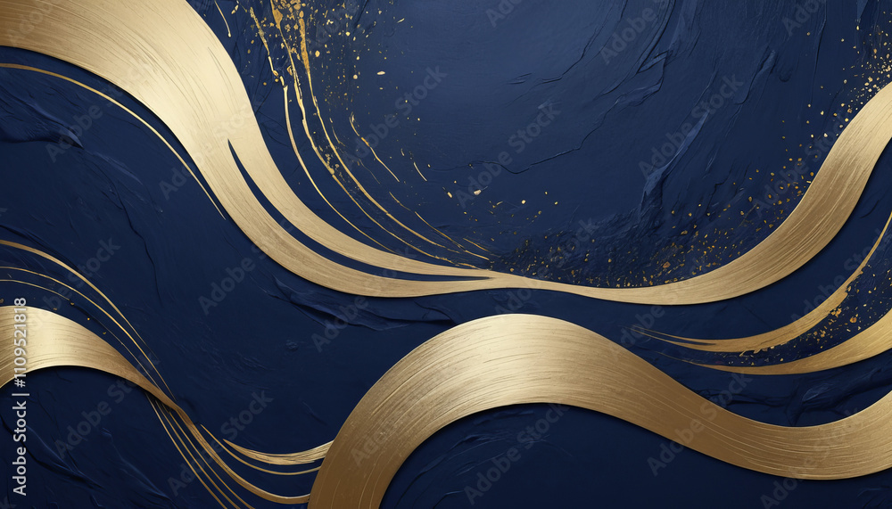 Poster luxurious abstract background featuring swirling gold accents over a textured deep blue surface, cre