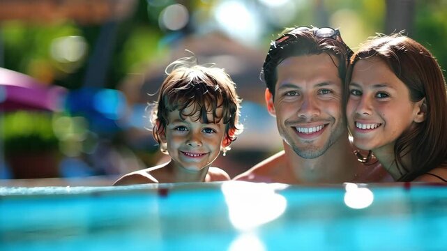A happy family, including a father and two children, enjoying time together in a swimming pool with water splashes around them.