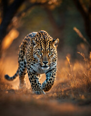 Leopard Prowling Botswana Savanna at Dusk with Last Rays of Sunlight