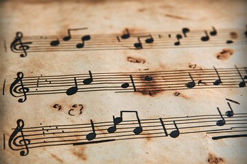 Old Vintage Sheet Music on Worn Paper with Musical Notes and Stains, Evoking a Sense of Nostalgia...