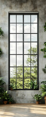 Large window view of green trees and plants in a room.