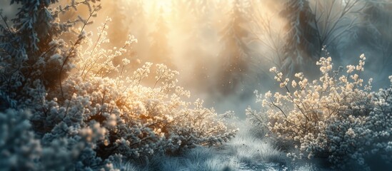Magical winter sunrise in a snowy forest.