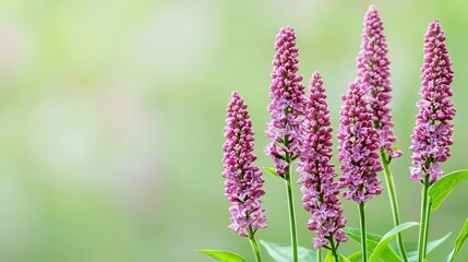 Obraz premium A close-up of a group of purple flowers surrounded by green foliage in the foreground, with a soft, blurred background
