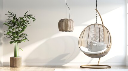 A minimalist living area with a modern hanging chair as a focal point, offering a stylish seating solution with a touch of elegance