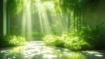 Obraz premium Sunlight filters through lush greenery in a serene indoor garden space. Generative AI