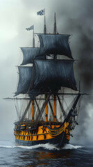 Majestic sailing ship at sea in stormy weather.