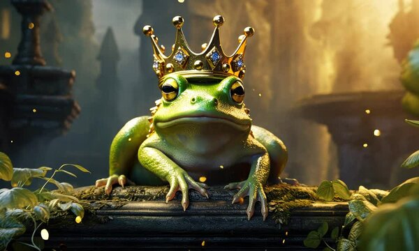 Majestic frog adorned with a crown in an enchanted forest setting illuminated by mystical light