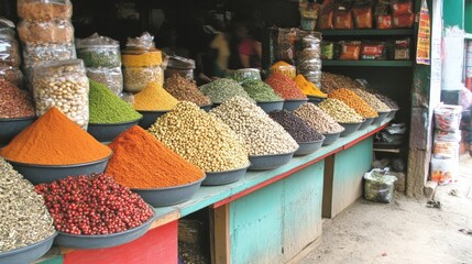 Vibrant market stall brimming with an assortment of spices and herbs, enticing shoppers with a kaleidoscope of colors and rich aromas, perfect for culinary adventures