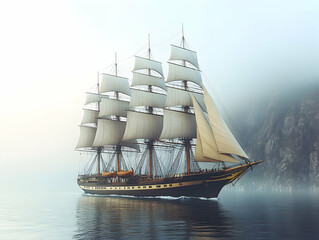 Majestic sailing ship on calm sea near misty cliffs.