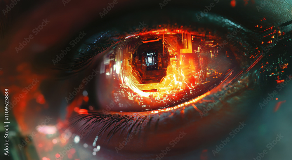 Aufkleber close-up of an eye with elements of digital and cyberpunk. the iris is glowing with light, and insid