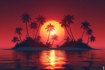A serene sunset over an island with palm trees reflecting on water.