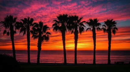 Vibrant Sunset Over Tranquil Ocean with Palm Tree Silhouettes, a serene scene showcasing the beauty of nature's colors reflecting on water and silhouettes enhancing the view