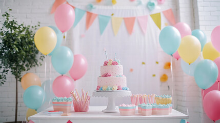 Celebration setup featuring pastel colors, cake, and decorations for a joyful occasion