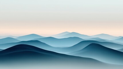 Serene minimalist landscape of rolling blue hills and mist under a soft sky.