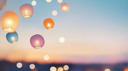   Sky filled with various-colored lanterns, flying above city & water body