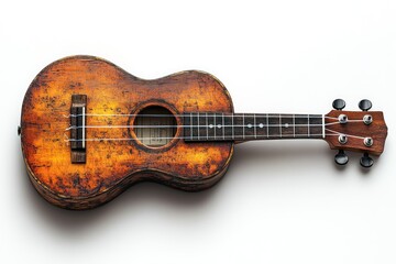 Obraz premium Vintage ukulele with worn wood finish, isolated on white background.