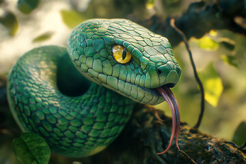Fototapeta premium A green snake with its tongue out, perched on a tree branch